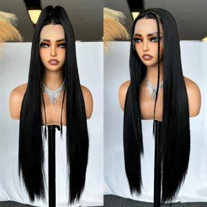SOKU 13x6 Glueless Lace Front Wigs for Women,32 Inch Long Straight Synthetic Wigs Pre Plucked,Free Part Natural Black Lace Frontal Wigs with Baby Hair,Put On Go Wig Beginner Friendly