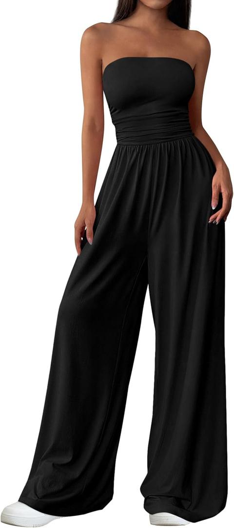 PRETTYGARDEN Women's Trendy Strapless Rompers 2026 Ruched Tube Top Wide Leg One Piece Jumpsuits Beach Vacation Summer Outfits, Medium