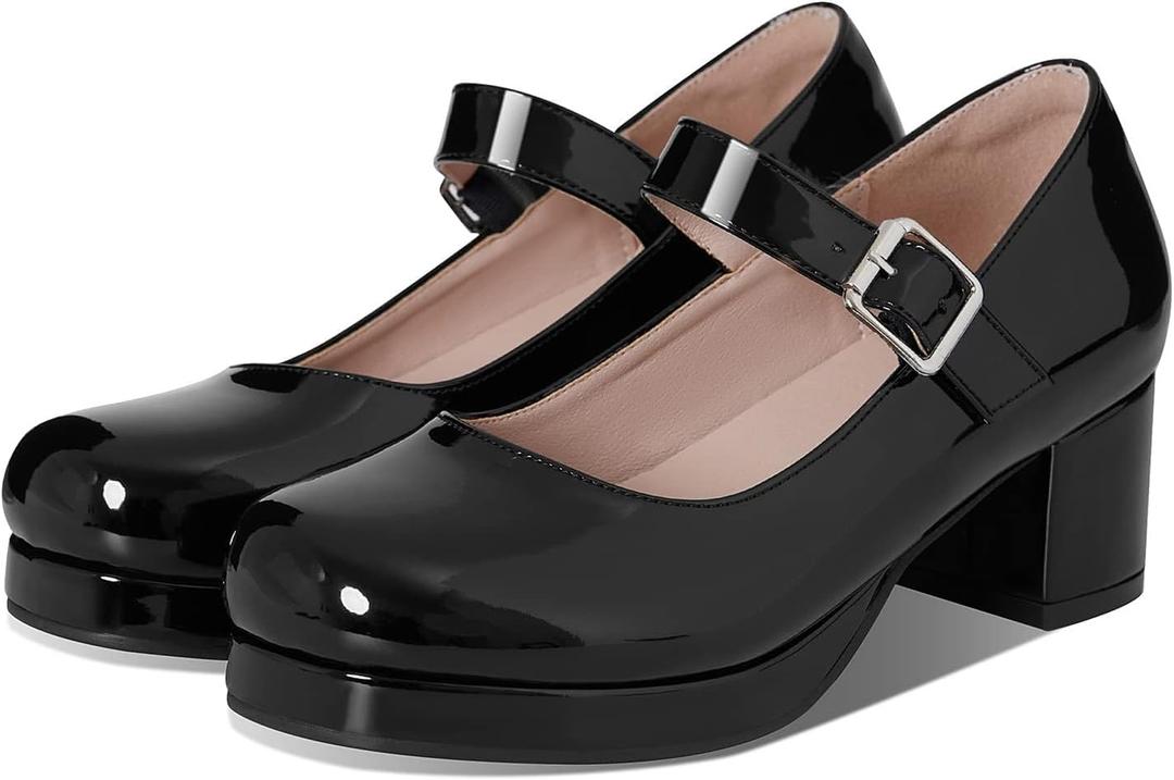 femflame Women's Low Chunky Heel Mary Jane Pumps Ankle Buckle Strap Sweet Round Toe Dress Shoes JK Cosplay Uniform Dress Shoes (7, Black)