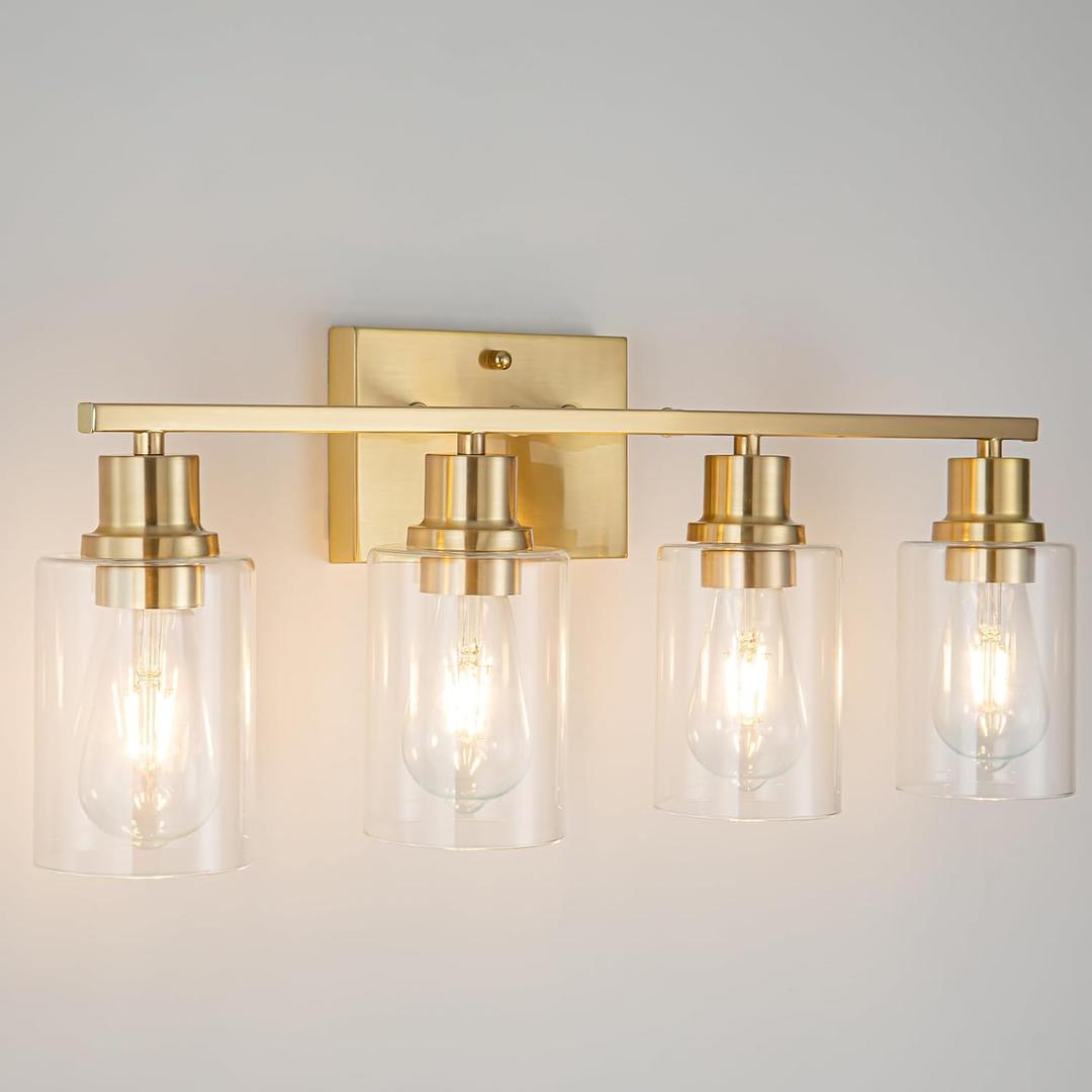 4-Lights Gold Bathroom Light Fixture, Brushed Brass Vanity Light with Clear Glass Shade, Modern Bath Wall Lights for Living Room, Hallway, Bedroom, AM-70050-4-BR