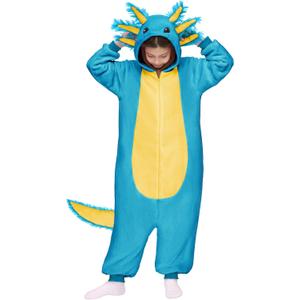 Spooktacular Creations Halloween Axolotl Costume, Kids Axolotl Costume, Zip-Up Hooded Jumpsuit for Halloween Cosplay Party (8-10 Years, Blue)
