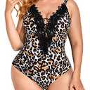 Sexy Plunging Neckline Plus Size One Piece Swimsuits For Women (Leopard, XL)