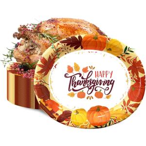 YQUQWN 50 PCS Oval Thanksgiving Paper Plates 12 x 10 Inch Heavy Duty Disposable Plates for Pumpkin Fall Harvest Holiday Thanksgiving Party Supplies Table Decor