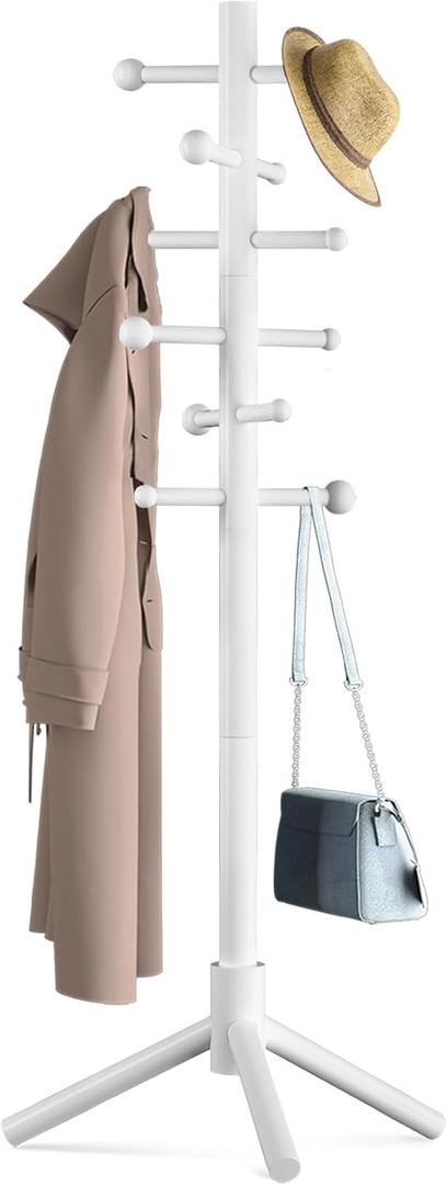 Wooden Coat Rack Freestanding with 12 Hooks 3 Adjustable HeightsStanding Coat Rack Tree for Hat and Coat Rack for Small Spaces Entryway,Office,Bedroom,White