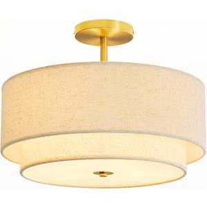 Double Drum 3 Light Semi Flush Mount Ceiling Light, Close to Ceiling Light Fixture, 16 Inch with Fabric Linen Shade, Gold Brass, for Living Room, Bedroom, Dining Room,Hallway and Entryway