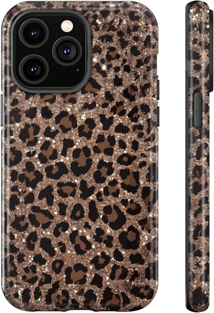 for iPhone 13 Pro Case,Luxury Sparkle Leopard Print Pattern Vintage Cheetah Design,Dual Layer Soft TPU Hard PC Bumper Case,Protective Phone Cover for Women Girls-Brown Leopard Print