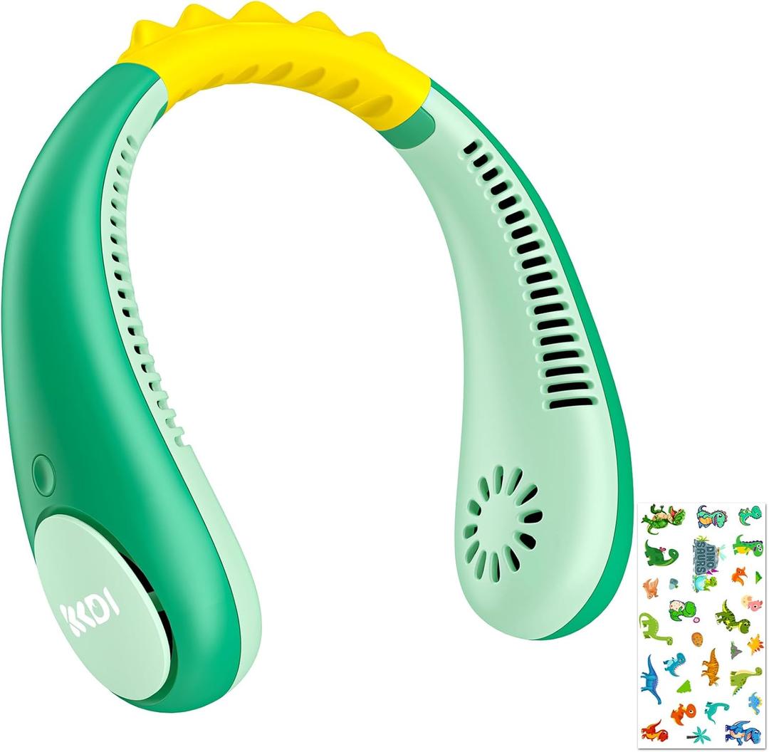 Dinosaur Kids Neck Fan, Safe Bladeless Neck Fans with DIY Sticker, Hands-free Portable Rechargeable Cooling Fan, 2600mAh Personal Fans for 4-14Y Boys, 4 Speeds & Lightweight, Summer Gifts for Kids