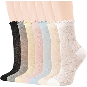 scenicamp Ruffle Lace Socks Summer Ultra Thin Mesh Crew Socks Casual Cotton Frilly Ankle Sock for Women Girls 7 Pairs
