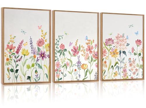 CHDITB Wildflower Framed Canvas Wall Art Set Of 3,Flower Artwork Modern Floral Wall Decor, Watercolor Nature Wall Painting, Minimalist Butterfly Art Prints For Bedroom Living Room Office Decor-12”X16”