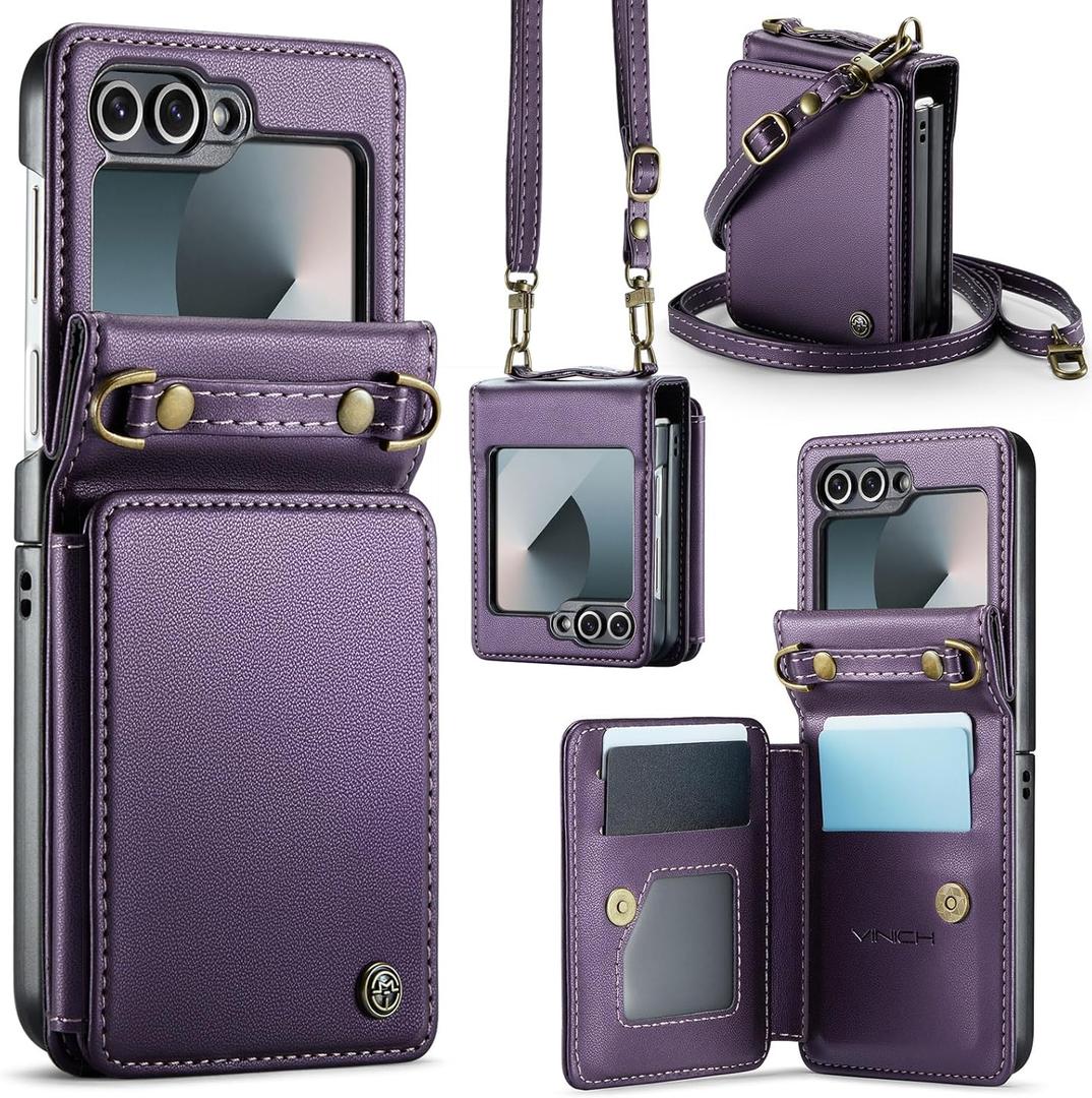 Vinich Crossbody for Samsung Galaxy Z Flip 6 Wallet Case with RFID Blocking Card Holder, Strap Kickstand Shockproof Flip Phone Cover for Women Men, Purple