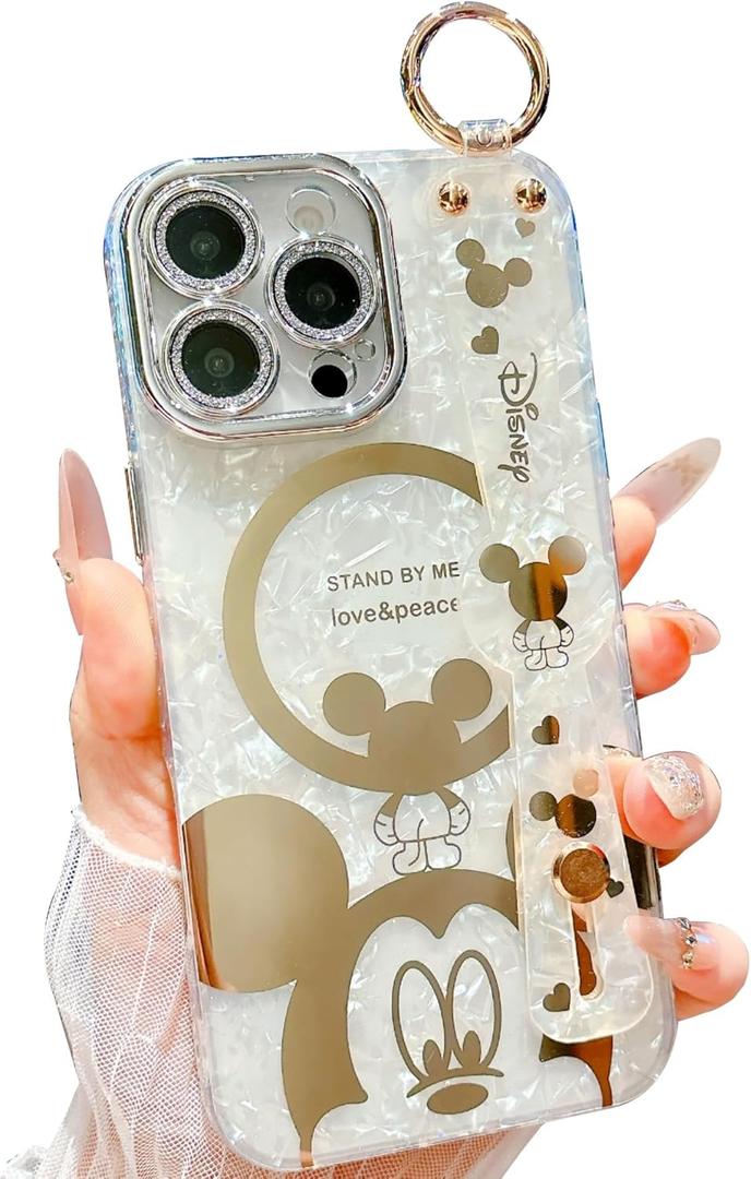 for iPhone 15 Pro Case, Cute Cartoon Mouse Pattern with Wrist Strap Kickstand, Glitter Bling IMD Design, Soft TPU Shockproof Full-Body Protection, for Girls & Women