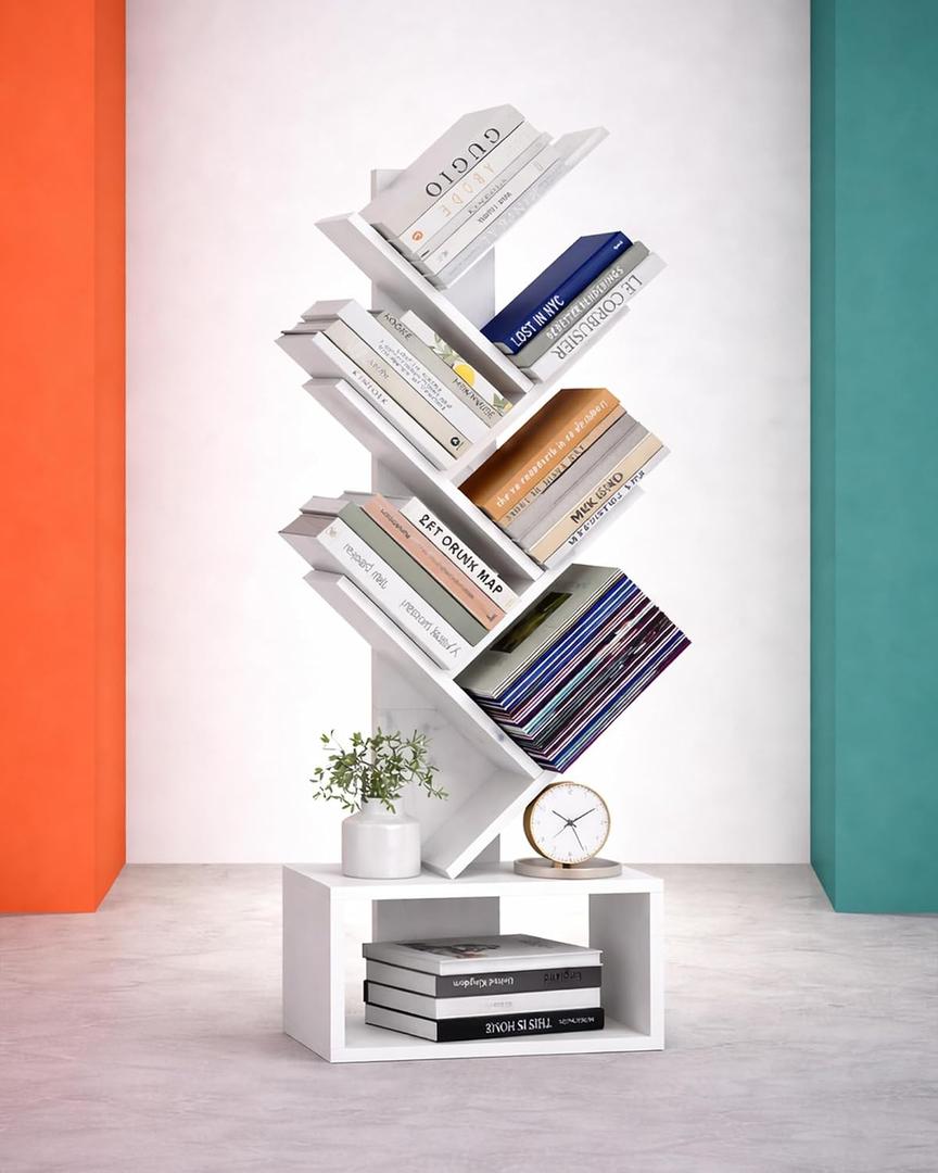 XBurmo 6 Tier Tree Book Shelf - Small Bookshelf Decor, Corner Bookshelf, Living Room Storage, Tall Narrow DVD & CD Shelf Storage Bookshelves, Comic Bookcases Standing for Bedroom or Office, White