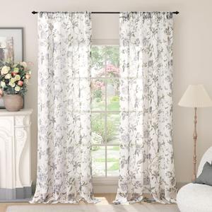 Floral Sheer Curtains for Living Room Window, Vintage Farmhouse Light Filtering Privacy Semi-Sheer Linen Curtains for Bedroom 96 Inch Length 2 Panels, Rod Pocket, Grey, Each 52 Inch Wide