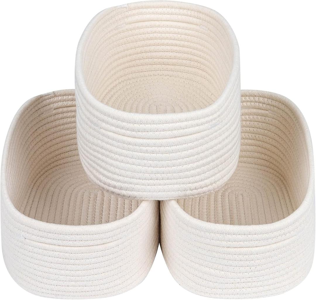 CubesLand Off White Small Storage Baskets for Shelves, Closet Organization Storage Bins Empty Gift Basket Baby Nursery Woven Baskets for Organizing, Rectangular Clothes Closet Shelves Baskets 3 Packs