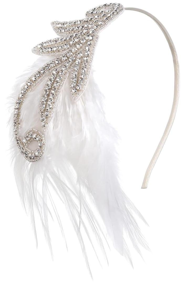 BABEYOND 1920s Flapper Headband Accessories Roaring 20s Feather Hair Band Vintage Gatsby Party Accessories (White)