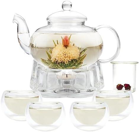 GURUDAR Glass Teapot Set, 34OZ/1000ML Glass Tea Kettle with Loose Tea Infuser & Warmer, 5OZ/150ML Double-Wall Tea Cup Set of 4, Stovetop & Microwave Safe Tea Maker, Blooming Tea Gift Set For Women 7Pcs