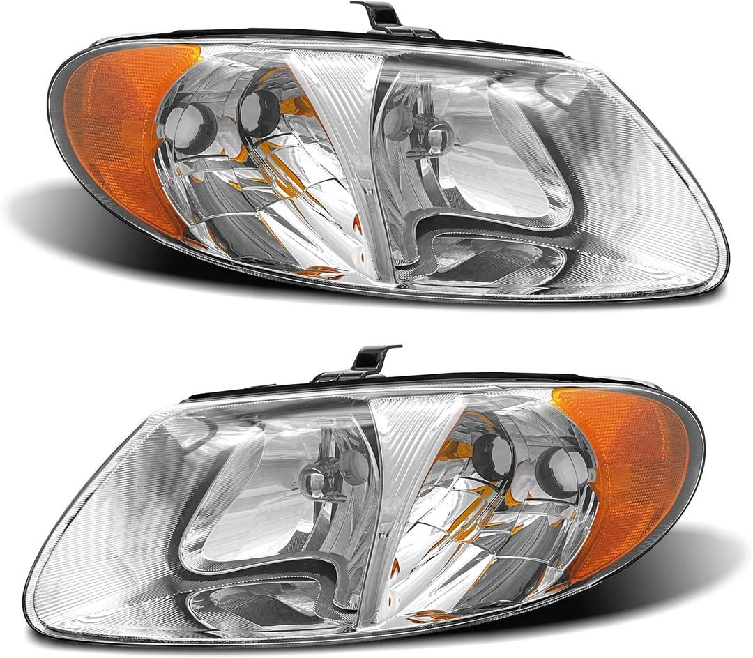 2001-2007 Dodge Caravan Headlight Assembly for 01-07 Dodge Caravan /01-03 Chrysler Voyager /01-04 Chrysler Town and Country /05-07 Town & Country (Fits Base Model ONLY) (OE Replacement, Chrome Housing Amber Reflector)