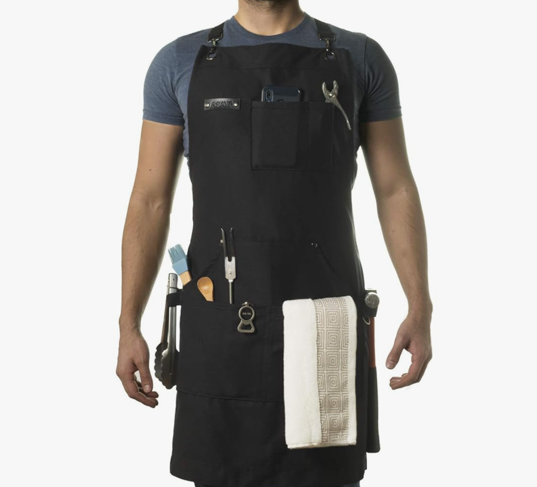 Asaya Chef and BBQ Apron with Bottle Opener and Hand Towel - 10oz Cotton Canvas, Stainless Steel Hardware - Cross Back Straps