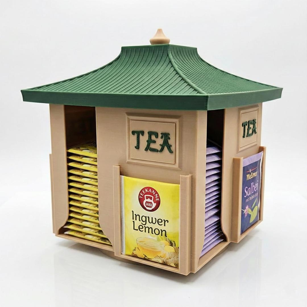 Rotating Japanese Tea Bag Organizer Dispenser - Pagoda Design, 360 Lazy Susan Base, Beige Body with Jungle Green Roof, Zen Matcha/Sencha/Tea Bag Storage Carousel for Kitchen Counter
