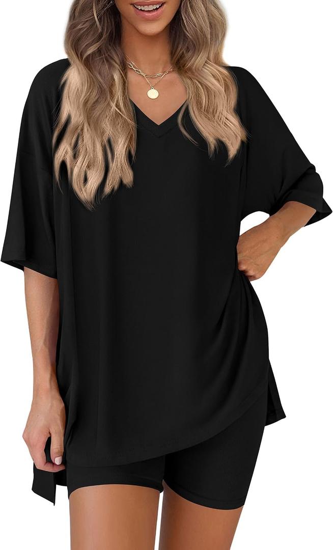PRETTYGARDEN 2 Piece Sets for Women Summer 2026 Lounge Short Set Spring Matching Biker Shorts V Neck Oversized Shirt Clothing XXL