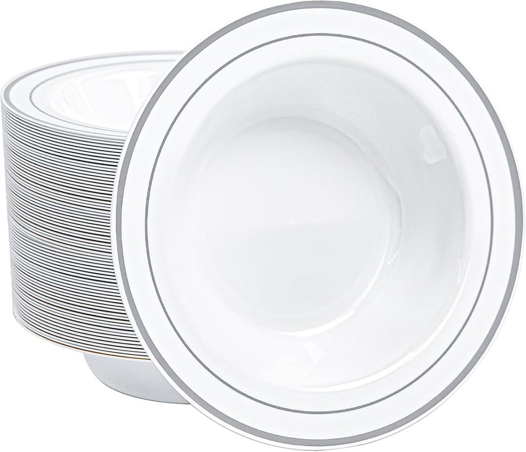 100pc Deep Bowl With White Background And Double Silver Edges, 12oz,Disposable Soup Bowls,Disposable Soup Dessert Salad Bowls for Wedding/Party/Catered Events