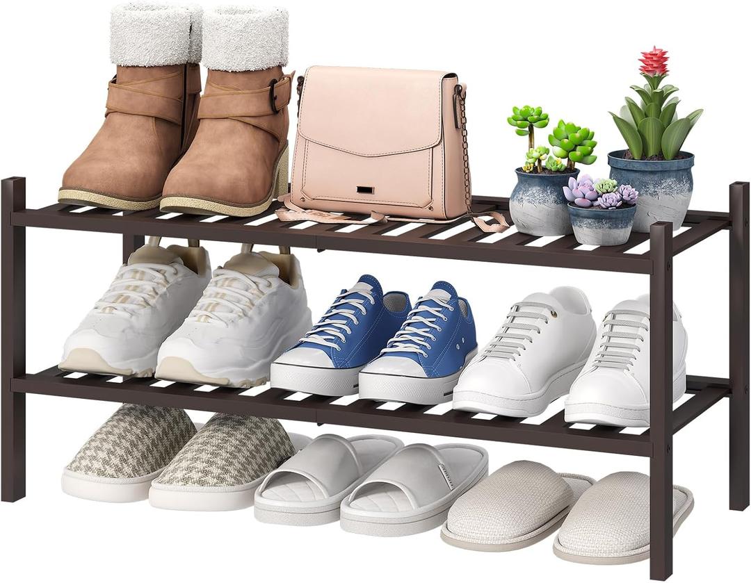 viewcare 2-Tier Shoe Rack for Entryway, Bamboo Shoe Rack for Closet, Free Standing Shoe Racks for Indoor Outdoor, Stackable Shoe Shelf Storage Organizer for Hallway Closet