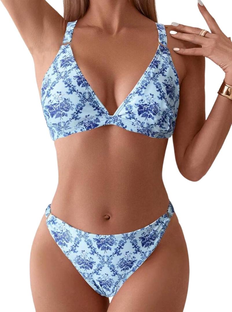 ZAFUL Women's 2 Piece Floral Print Swimsuit Triangle String High Cut Bikini Sets Bathing Suit, Blue, Small 