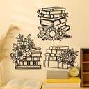 Honeydak 3 Pcs Reading Flower Book Wall Art Black Metal Library Wall Decor Sign Book Lovers Teacher Gift Silhouette Hanging Sculptures for Home Reading Room Living Room Bedroom Office (Modern Style)