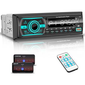 Car Stereo Bluetooth Single Din Radio, Car Audio with Push to Talk Assistant, Hands-Free Calling, FM/AUX/SD, Dual USB, 7 LED Colors, LCD & iOS/Android App Control for Cars, Boats & RVs (Black)