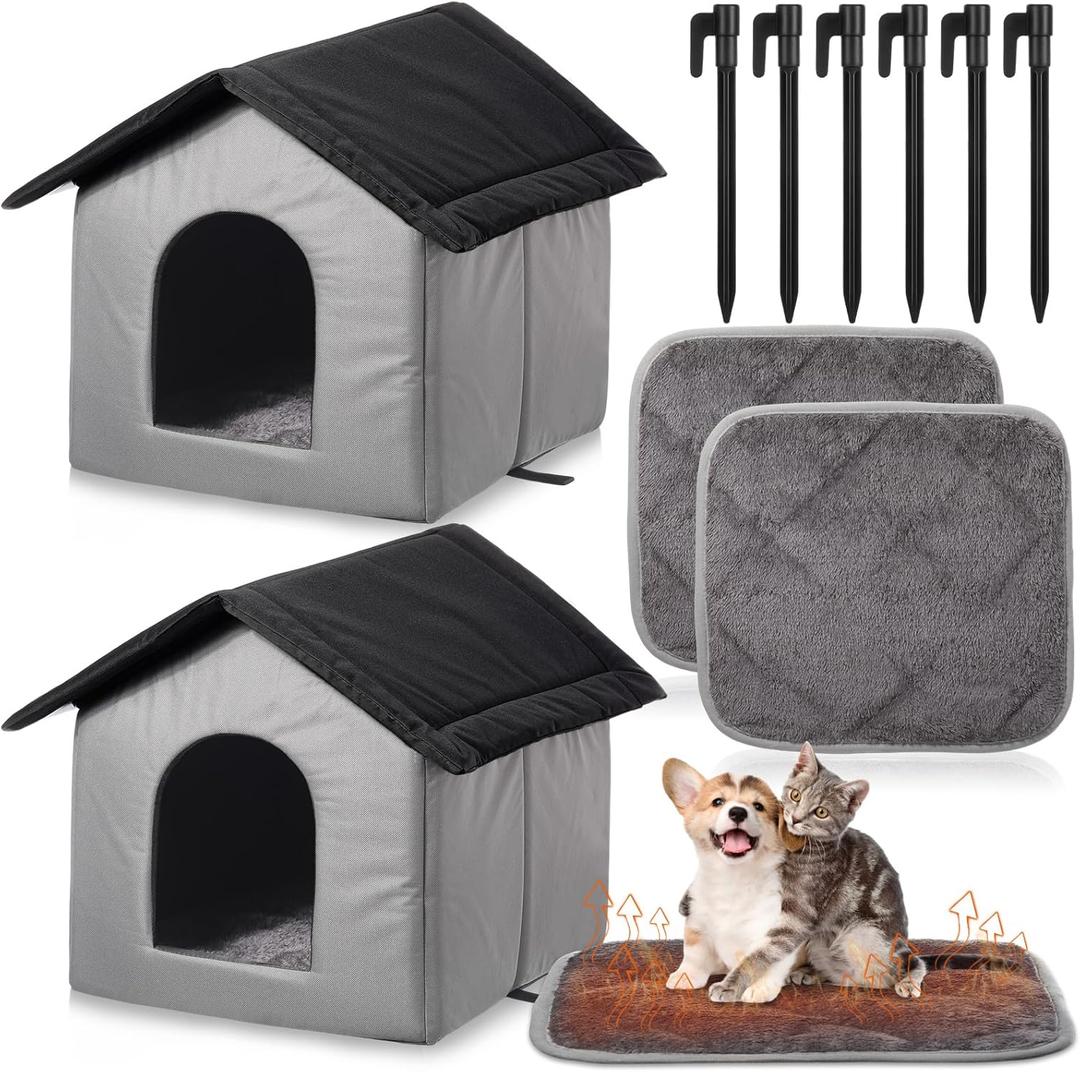 Cinnvoice 2 Sets Outdoor Cat Shelter with Self Heating Cat Pad Included 15.8 Inch Waterproof Stray Shelter Warming Pad Outside Pet Cave with Tent Stakes for Wild Animal Dogs(Black/Gray)