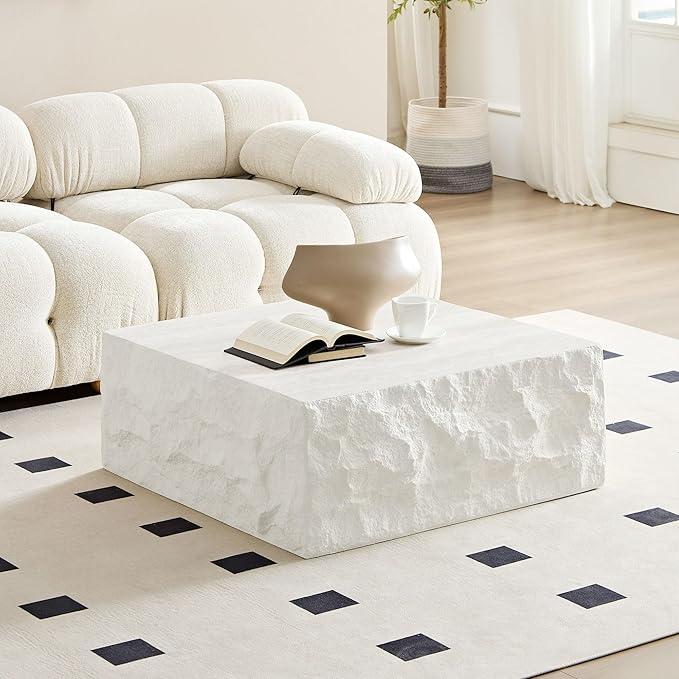 WILLIAMSPACE 35.4" Square Coffee Table Center Table for Living Room, Modern Drum Coffee Table with Imitation Stone Table for Apartment, No Need Assembly, Fiberglass (Beige Cement Stone Pattern)