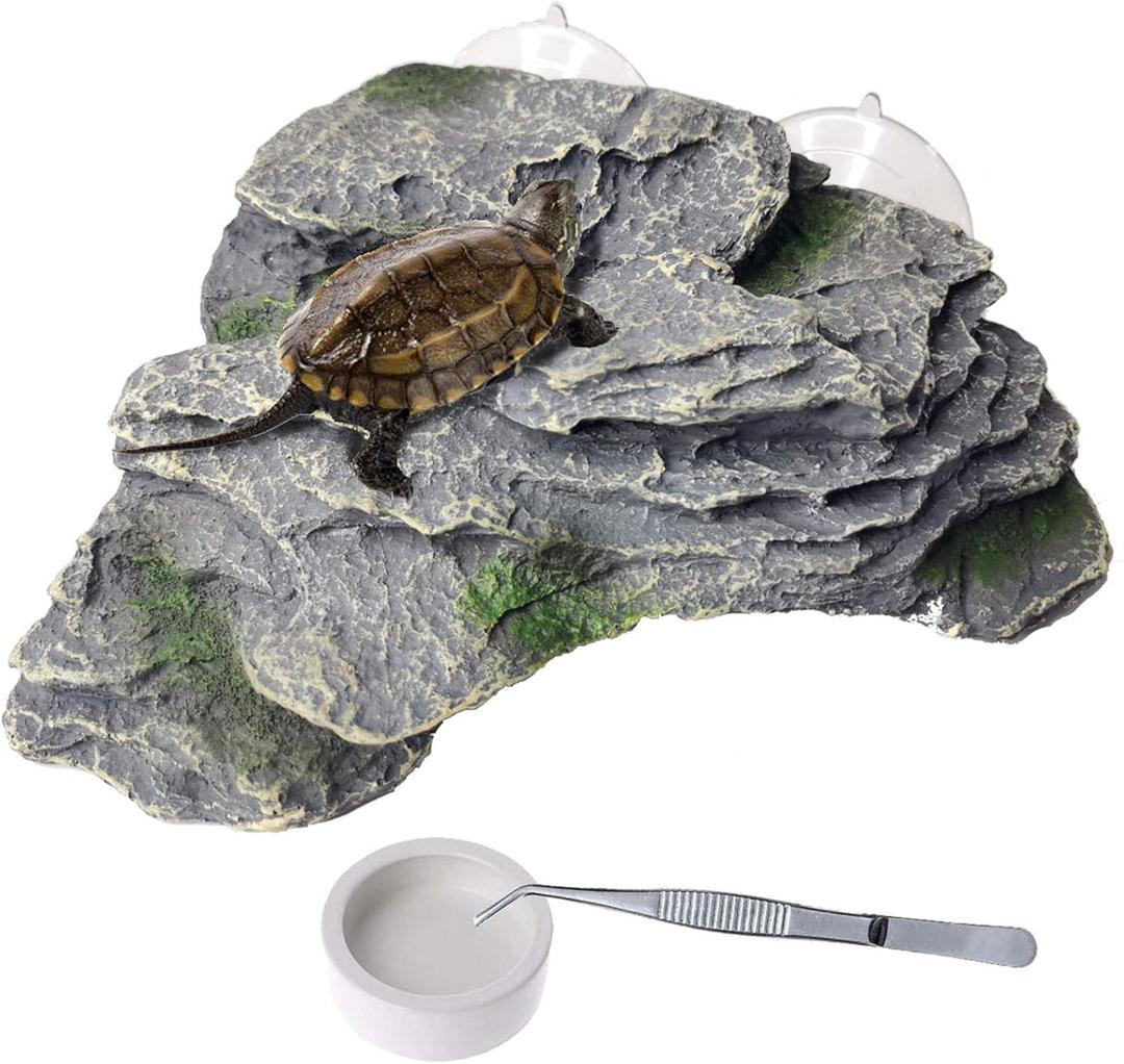 PINVNBY Basking Platform for Turtles Tortoise Dock Resin Resting Rock Reptile Habitat Climbing Ornament Floating Ledge Aquarium Decoration with 2 Pcs Suction Cups for Frogs, Newts,Lizard(3 Pcs) (L:7.1Lx6.3Wx2.7H, Bronze)