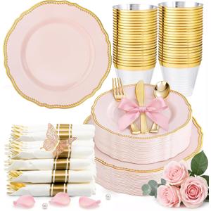 Hioasis 175pcs Pink and Gold Plastic Plates - Pink Plastic Dinnerware Set Includes 25 Dinner Plates, 25 Dessert Dinnerware, 25 Cups, 25 Napkins Perfect for Wedding & Easter & Mothers Day