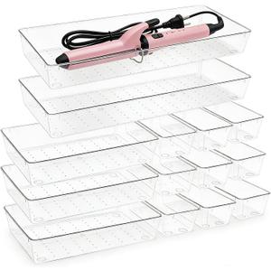14 Pcs Clear Plastic Drawer Organizer Tray with 2 Pcs 15"x6" Extra Large Trays, Multi-Purpose Storage Bins for Vanity, Makeup, Kitchen Utensils, Bathroom, Office Desk, Auto Tools & Craft Supplies
