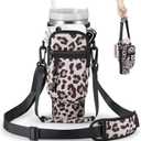 Water Bottle Carrier Bag with Phone Pocket for Stanley 40 & 30 oz Tumbler with Handle,Pink Insulated Neoprene Cup Holder Pouch w/Adjustable Strap for Quencher H2.0 Stanley Cup Accessories (Leopard Print)