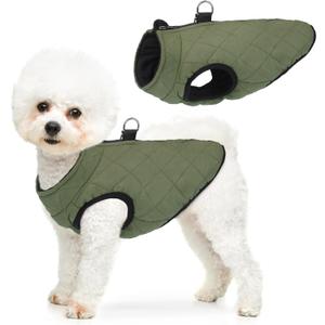 SCENEREAL Winter Dog Vest Coat with Harness Built In, Warm Puppy Jacket for Small Medium Dogs, Cold Weather Coat with Zipper, Fleece Puffer Vest Windproof Snow Clothes (M(Chest 16.5")-Regular, #1 Olive-Matte)