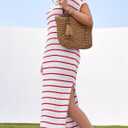Saodimallsu Womens Striped Sweater Dress Short Sleeve V Collared Knit Dress