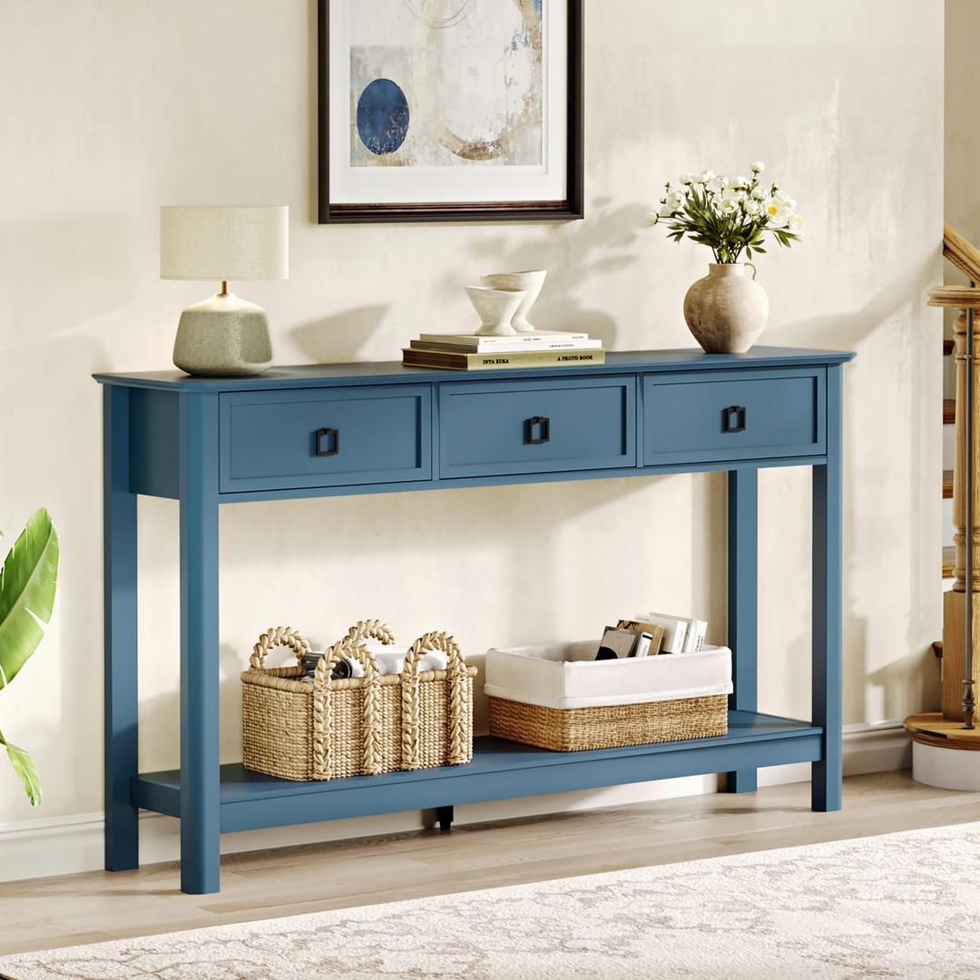 Treocho 53.1" Console Table with 3 Drawers, Modern Entryway Table, 2-Tier Narrow Long Sofa Table Behind Couch Table for Living Room, Hallway, Blue, 53.1" x 11.8" x 31.5"
