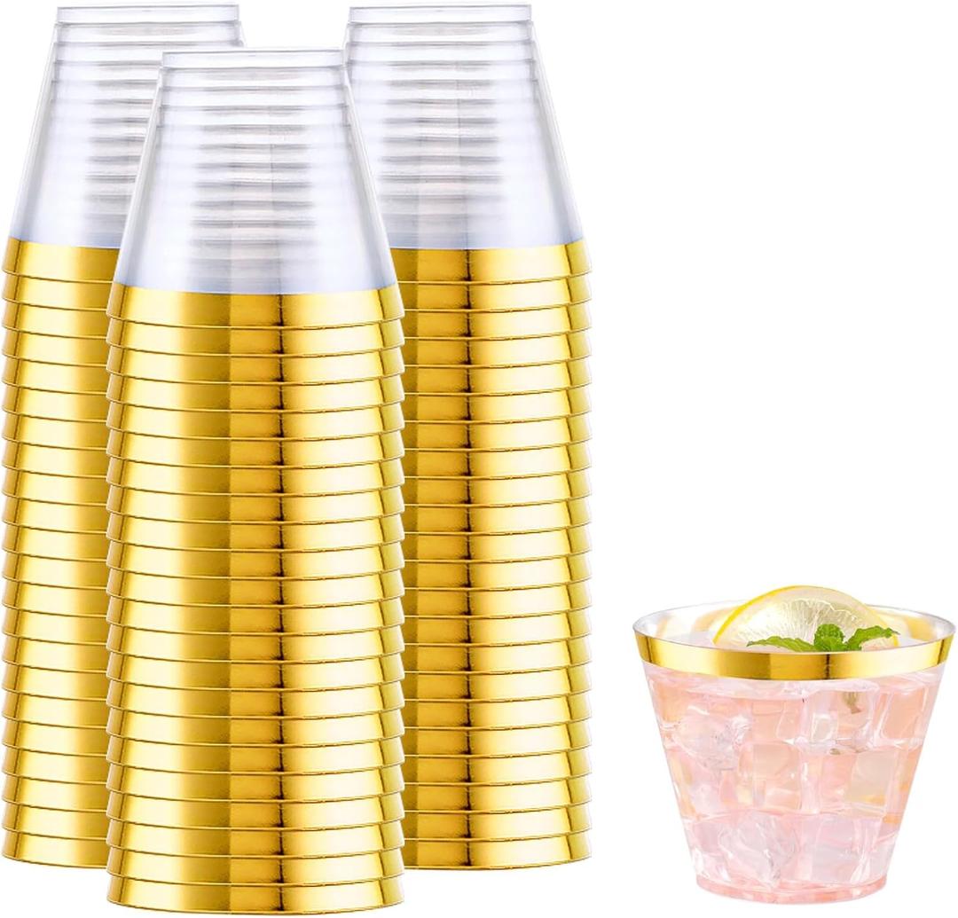 WELLIFE 200 PCS Gold Plastic Cups,9 oz Clear Plastic Cups,Disposable Wine Glasses,Plastic Cocktail Glasses for Party and Wedding