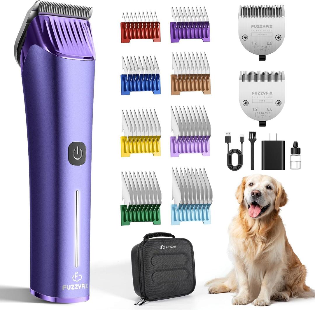 Professional Dog Grooming Clipper with Replacement Blade, 5-in-1 Adjustable A5 Blade Cordless Pet Grooming Kit 2 Speed Trimmer Hair Shaver with Detachable Metal Combs Nova for Animal Horse (Purple)