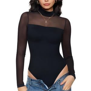 Nebility Women Long Sleeve Bodysuit Turtleneck - Mesh Shapewear Body Suit Tops Thong Going Out Tops Fall Outfits (Small, Black)