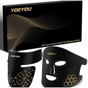 YOEYOU LED Face & Neck Beauty Mask, Red Light Therapy for Face & Neck, 4 Light Modes, Soft Silicone, 348 LEDs, Rechargeable Remote with Timer, Portable Cosmetic Skin Care Device for At-Home Glow