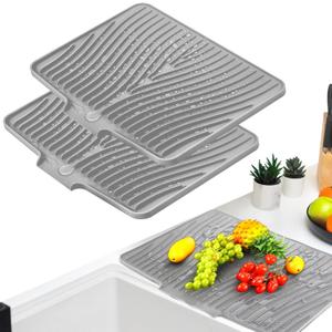 2 Pcs Silicone Dish Drying Mats for Kitchen Counter 15.8x13" Dish Drying Pads with Drain Lip Non Slip Heat Resistant Drainer Mats Easy to Clean Tray Protects for Sink Multiple Usage(Grey) (Gray)