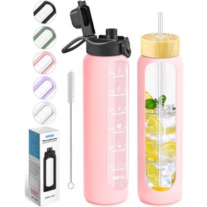 Nefeeko 32 oz Glass Water Bottles with Straw, Motivational Glass Water Bottle with Time Marker, 1 Liter BPA FREE Leakproof Reusable Glass Water Bottle with Silicone Sleeve, Bamboo Lid, Spout Lid (Pink)
