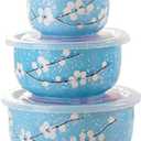 Microwave Bowls with Lid, Japanese Style Blue Ceramics Bowls Set with Lids - Ceramic Food Storage Container Set Nesting Mixing Bowls Set Serving Soup Salad Snack Noodle(3 Piece Set) 