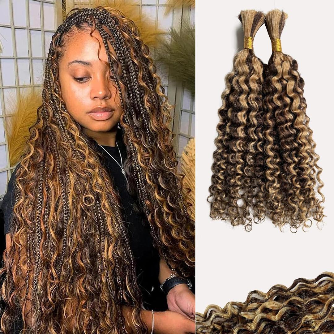 4P27 Human Braiding Hair Highlight Deep Water Wave 2 Bundles Curly Bulk for Boho Braids Extensions crochet 100g 18 Inch Honey Blonde Human Braiding Hair Knotless Ombre
