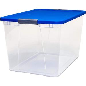 HOMZ 2-Pack Secure Latch, Clear Plastic Storage Organizer Bins, 64 Quart, Blue Lid - Stackable Container Boxes for Bedroom, Bathroom, Garage, and Office Organization