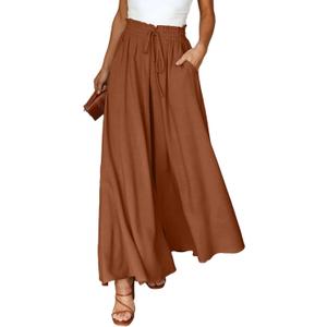 Dokotoo Pants for Women Casual Elastic Waist Wide Leg Pants with Pockets (X-Large, 1 Brown)