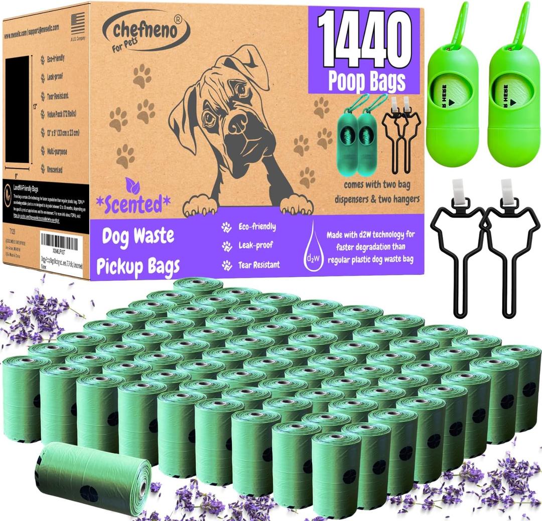 Doggy Poop Bags Biodegradable with Dispenser (1440 Bags) Eco-friendly Dog Waste Pickup Bags Landfill-friendly Refill Rolls Cat Waste Bags (Green, 72 Rolls, Lavender Scented)