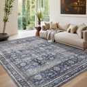 GarveeHome Area Rugs 8x10 Large Vintage Printed Accent with Non-Slip Backing, Stain-Resistant Oriental Living Room Washable Farmhouse Low Pile Rugs for Bedroom, Office, Blue (Denim / Multi)